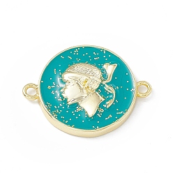 Turquoise Rack Plating Brass Enamel Connector Charms, Flat Round Links with Boy, Real 18K Gold Plated, with Glitter Powder, Long-Lasting Plated, Lead Free & Cadmium Free, Turquoise, 17x22x4mm, Hole: 1.6mm