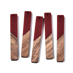 Dark Red Resin & Walnut Wood Big Pendants, Two Tone, Rectangle, Dark Red, 51.5x7.5x3mm, Hole: 1.8mm