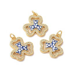 Васильковый Клеверная стойка, латунные подвески с цирконием, с эмалью и ракушкой, долговечный, без свинца и без кадмия, реальный 18 k позолоченный, с прыжковых колец, васильковый, 19x19x3 мм, отверстие : 3 мм