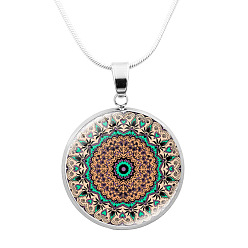 Moccasin Glass Mandala Flower Dome Pendant Necklace, Platinum Brass Jewelry for Women, Moccasin, 24.21 inch(61.5cm)