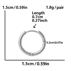 Серебро Простые и стильные 304 серьги-кольца из нержавеющей стали, серебряные, 15x15 мм