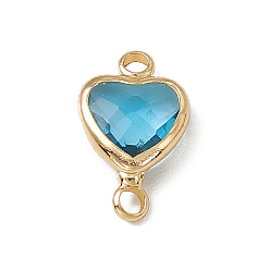 Aquamarine Transparent K9 Glass Connector Charms, Heart Links, with Light Gold Tone Brass Findings, Aquamarine, 14x8.5x3.7mm, Hole: 1.8mm