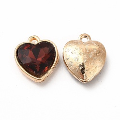 Dark Red Faceted Glass Rhinestone Pendants, with Golden Tone Zinc Alloy Findings, Heart Charms, Dark Red, 16.5x14x6.5mm, Hole: 1.6mm