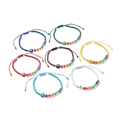 Mixed Color Flat Round Evil Eye Lampwork Braided Bead Bracelets Set, Rainbow Color Glass Beads Adjustable Bracelets for Women, Mixed Color, Inner Diameter: 2-3/8~4-1/8 inch(5.9~10.4cm), 7pcs/set