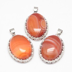 Banded Agate Natural Red Striped Agate/Banded Agate Pendants, with Brass Findings, Oval, Dyed, Platinum, 30x21x10~11mm, Hole: 6x4mm