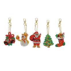 Mixed Color DIY Keychain Diamond Painting Kits, including Acrylic Pendant, Diamond, Diamond Drill Tool, Ball Chain, Swivel Clasp, Christmas Themed Pattern, Pendant: 60~70x50~60mm, 5pcs