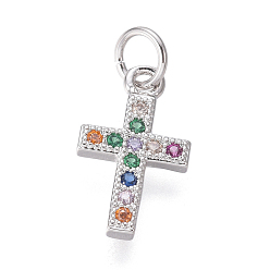 Platinum Brass Micro Pave Cubic Zirconia Tiny Cross Charms, with Jump Rings, Colorful, Platinum, 14x8.5x1.5mm, Hole: 3mm