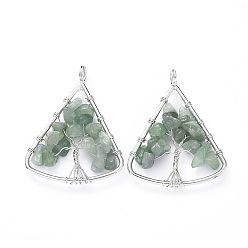Green Aventurine Long-Lasting Plated Brass Pendants, Wire Wrapped Pendants, with Natural Green Aventurine Chips, Triangle with Tree, Platinum, 39~40x30~31x4~8mm, Hole: 4.5mm