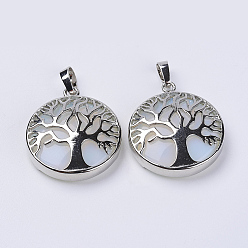 Opalite Opalite Pendants, with Platinum Plated Brass Findings, Flat Round with Tree of Life, 31x27x8mm, Hole: 3.5x7mm