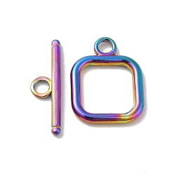 Rainbow Color Ion Plating(IP) 304 Stainless Steel Toggle Clasps, Square, Rainbow Color, Square: 18x13.5x2mm, Hole: 3mm, Bar: 19.5x6x2mm, Hole: 3mm