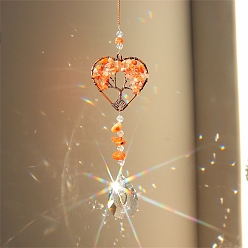 Carnelian Natural Carnelian Chip Wrapped Heart with Tree of Life Hanging Ornaments, Glass Teardrop Tassel Suncatchers for Home Outdoor Decoration, 180mm