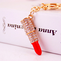 Red Crystal Rhinestone Lipstick Keychains, with Enamel, KC Gold Plated Alloy Charm Keychain, Red, 11cm