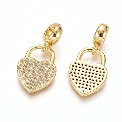 Golden Brass Micro Pave Clear Cubic Zirconia European Dangle Charms, Large Hole Pendants, Heart Lock, Golden, 27mm, Hole: 5mm, Heart: 19x13x2mm