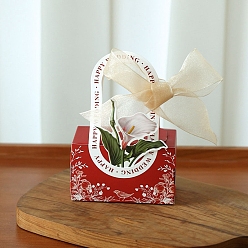 Dark Red Folding Cardboard Candy Boxes, Wedding Gift Wrapping Box, With Handle, Rectangle with Flower, Dark Red, 10x5x6cm