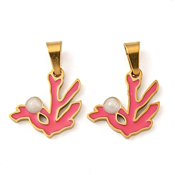Hot Pink 316 Surgical Stainless Steel Charms, with Enamel, Coral Shape Charm, Golden, Hot Pink, 14x14x2mm, Hole: 5x3mm