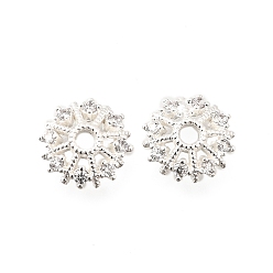 Серебро Колпачки для бусин из цветочной латуни с микропаве из кубического циркония, стойки покрытие, долговечный, без свинца и без кадмия, серебряные, 9.5x2.5 мм, отверстие : 2 мм