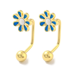 Blue PVD Vacuum Plating 304 Stainless Steel Emanel Flower Curved Barbell Stud Earrings, Blue, 18.5x7.5mm