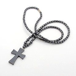 Black Trendy Unisex Holly Jewelry Grade A Non-Magnetic Synthetic Hematite Beaded Cross Pendant Necklaces, with Alloy Screw Clasps, Black, 24.6 inch