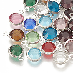 Mixed Color Glass Charms, with 304 Stainless Steel Finding, Flat Round, Faceted, Stainless Steel Color, Mixed Color, 12x8.5x4mm, Hole: 1.5mm