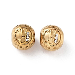 Letter Y 304 Stainless Steel Rhinestone European Beads, Round Large Hole Beads, Real 18K Gold Plated, Round with Letter, Letter Y, 11x10mm, Hole: 4mm