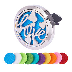 Mixed Color 316 Stainless Steel Car Diffuser Locket Clips, with Perfume Pad and Magnetic Clasps, Flat Round with Word Love, Mixed Color, 30x7mm