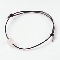 Rose Quartz Adjustable Cowhide Leather Cord Bracelets, with Natural Rose Quartz Round Beads, 60mm