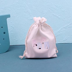 Paw Print Printed Cotton Cloth Storage Pouches, Rectangle Drawstring Bags, for Candy Gift Bags, White, Paw Print, 14x10cm