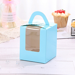 Light Sky Blue Foldable Individual Kraft Paper Cake Box, Bakery Single Cupcake Packing Box, Rectangle with Clear Window and Handle, Light Sky Blue, 91x92x110mm