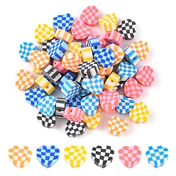 Mixed Color 120Pcs 6 Colors Handmade Polymer Clay Beads, Heart with Tartan Pattern, Mixed Color, 9x10x4mm, Hole: 1.5mm, 20pcs/color