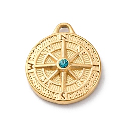 Синий Циркон 304 из нержавеющей стали горный хрусталь подвески, ионное покрытие (ip), реальный 14 k позолоченный, плоский круглый с подвеской в виде компаса, синий циркон, 18.5x16x4 мм, отверстие : 1.5 мм