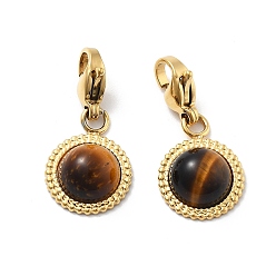 Тигровый глаз Подвеска из натурального тигрового глаза, с 304 из нержавеющей стали Lobster Claw застежками, ионное покрытие (ip), реальный 14 k позолоченный, полукруглый, 23 мм