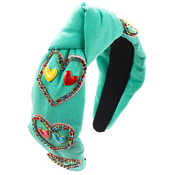Turquoise Valentine's Day Heart Metal Enamel & Rhinestone Hair Bands, Wide Twist Knot Cloth Hair Accessories for Women Girls, Turquoise, 150x130x30mm