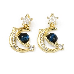 Черный Латунные микро проложить кубического циркония подвески, Луна и звезды, cmолой, без свинца и без кадмия, долговечный, стойки покрытие, реальный 18 k позолоченный, чёрные, 21.5 мм, отверстие : 4.5x2 мм