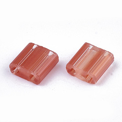 Red 2-Hole Glass Seed Beads, Striped Seed Beads, Transparent Colours, Two Tone, Rectangle, Red, 5x4.5~5.5x2~2.5mm, Hole: 0.5~0.8mm
