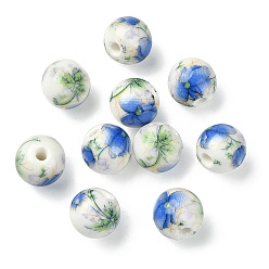 Royal Blue Handmade Printed Porcelain Round Beads, with Flower Pattern, Royal Blue, 10mm, Hole: 2mm