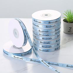 Light Sky Blue Printed Polyester Ribbons, Garment Accessory, Word Handmade, Light Sky Blue, 3/8 inch(10mm), about 25 yards/roll