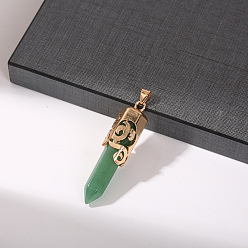 Green Aventurine Natural Green Aventurine Pointed Hexagonal Big Pendants, Golden Plated Alloy Faceted Bullet Charms, 53x13mm