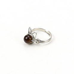 Tiger Eye Natural Tiger Eye Round Bead Rings, Brass Wrapped Rabbit Rings, Adjustable Ring for Women, Inner Diameter: 20mm