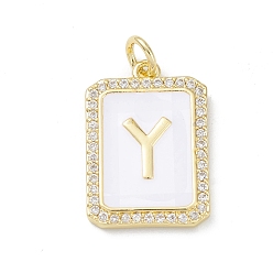 Letter Y Brass Enamel Micro Pave Clear Cubic Zirconia Pendants, with Jump Ring, Real 18K Gold Plated, Rectangle Charm, Letter Y, 20x13.5x2mm, Hole: 3.4mm