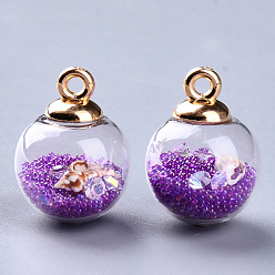 Blue Violet Transparent Glass Globe Pendants, with Resin & Resin Rhinestone & Conch Shell & Glass Micro Beads inside, Plastic CCB Pendant Bails, Round, Golden, Blue Violet, 21.5x16mm, Hole: 2mm