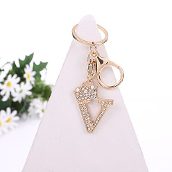 Letter V Crystal Rhinestone Initial Letter with Crown Pendant Keychains, with Light Gold Alloy Findings, Letter.V, 10~10.5cm, alphabet: 40~46x20~45mm