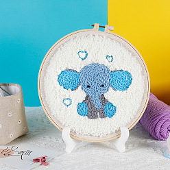 Deep Sky Blue Elephant Pattern DIY Punch Needle Embroidery Beginner Kits, including Fabric, Yarn, Embroidery Hoop, Deep Sky Blue, 230mm