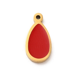 Red 304 Stainless Steel Enamel Charms, Teardrop Charm, Golden, Red, 13x6.5x1.4mm, Hole: 1mm
