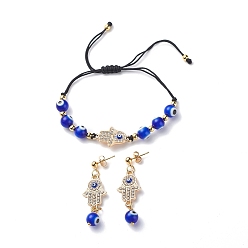 Bleu Bracelet de perles tressées mauvais œil au chalumeau et boucles d'oreilles pendantes, bijoux de main hamsa en strass pour femmes, bleu, 43mm, diamètre intérieur: 28~83 mm