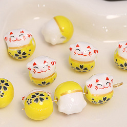 Yellow Handmade Porcelain Beads, Maneki Neko Cat, Yellow, 13x14mm