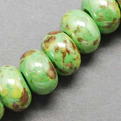 Светло-зеленый Фарфора ручной работы европейский бусины, бусины с большим отверстием, жемчужные, рондель, светло-зеленый, 12x9 мм