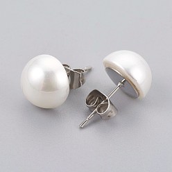 Stainless Steel Color Shell Pearl Beads Ear Studs, with 304 Stainless Steel Findings, Flat Round, Stainless Steel Color, 10x6mm, Pin: 0.7mm