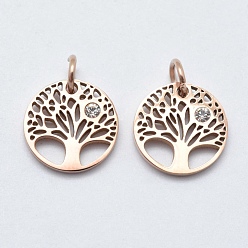 Real Rose Gold Plated 316 Surgical Stainless Steel Pendants, with Cubic Zirconia, Flat Round with Tree, Clear, Real Rose Gold Plated, 12x1.5mm, Hole: 3mm