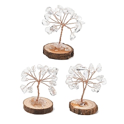 Quartz Crystal Natural Quartz Crystal Chips Tree of Life Decorations, with Wooden Base & Copper Wire, Feng Shui Energy Stone Gift for Home Desktop Decoration, 31~32x29~33x33~50mm