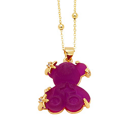 Medium Violet Red Resin Pendant Necklaces, with Brass Micro Pave Cubic Zirconia Finding, Bear, Medium Violet Red, 17.72 inch(45cm)